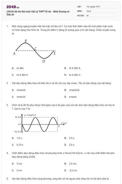 (2024) Đề thi thử môn Vật Lý THPT Dĩ An - Bình Dương có đáp án
