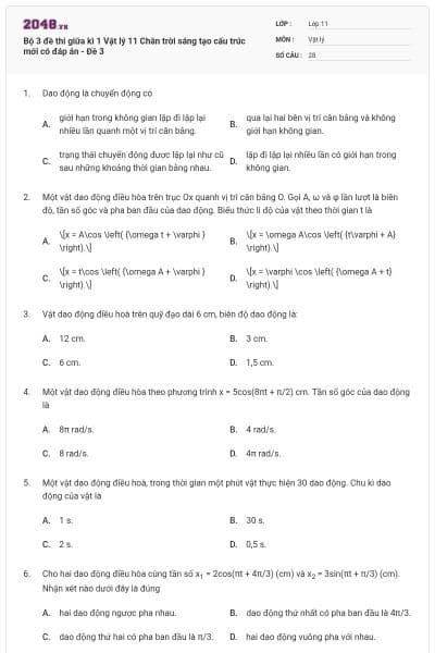 Bộ 3 đề thi giữa kì 1 Vật lý 11 Chân trời sáng tạo cấu trúc mới có đáp án - Đề 3