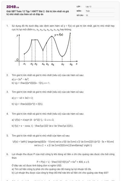 Giải SBT Toán 12 Tập 1 KNTT Bài 2. Giá trị lớn nhất và giá trị nhỏ nhất của hàm số có đáp án