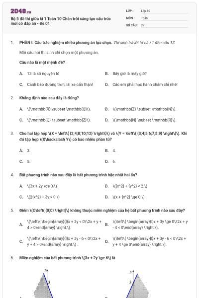 Bộ 5 đề thi giữa kì 1 Toán 10 Chân trời sáng tạo cấu trúc mới có đáp án - Đề 01
