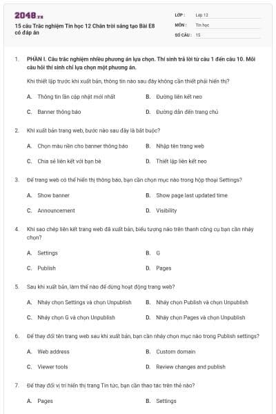 15 câu Trắc nghiệm Tin học 12 Chân trời sáng tạo Bài E8 có đáp án