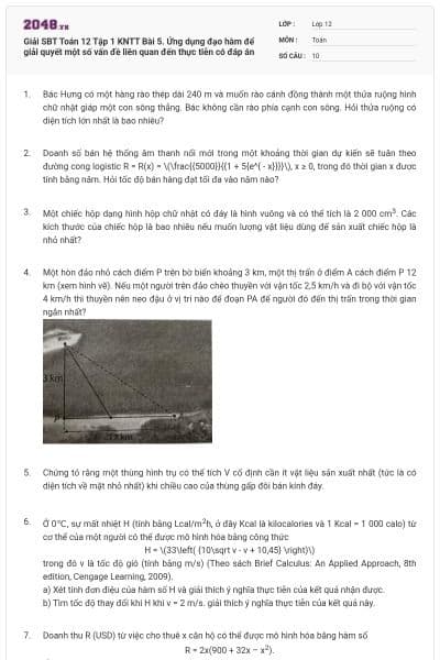 Giải SBT Toán 12 Tập 1 KNTT Bài 5. Ứng dụng đạo hàm để giải quyết một số vấn đề liên quan đến thực tiễn có đáp án