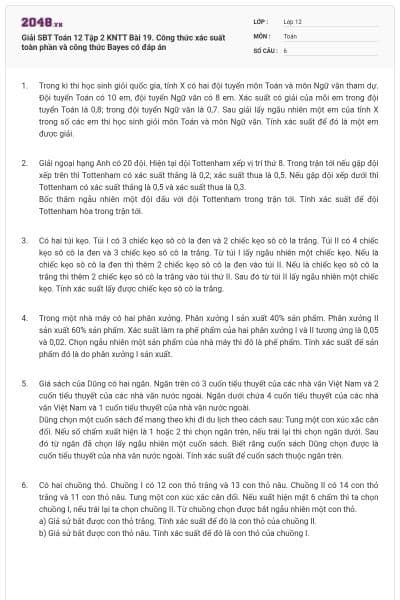 Giải SBT Toán 12 Tập 2 KNTT Bài 19. Công thức xác suất toàn phần và công thức Bayes có đáp án
