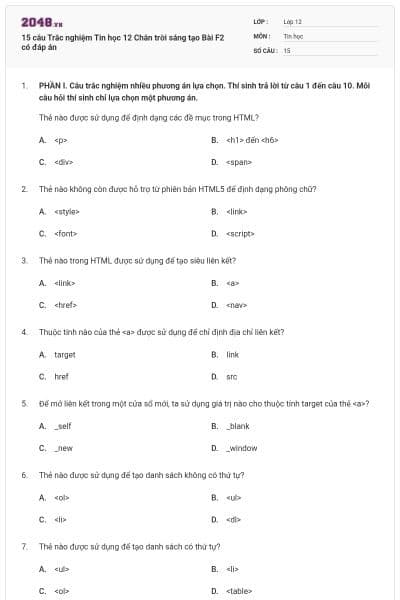 15 câu Trắc nghiệm Tin học 12 Chân trời sáng tạo Bài F2 có đáp án