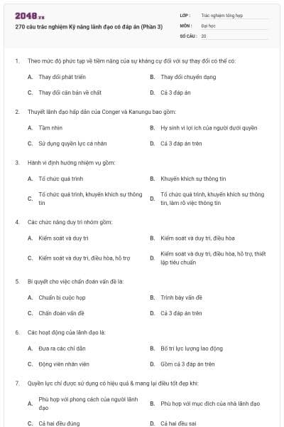 270 câu trắc nghiệm Kỹ năng lãnh đạo có đáp án (Phần 3)