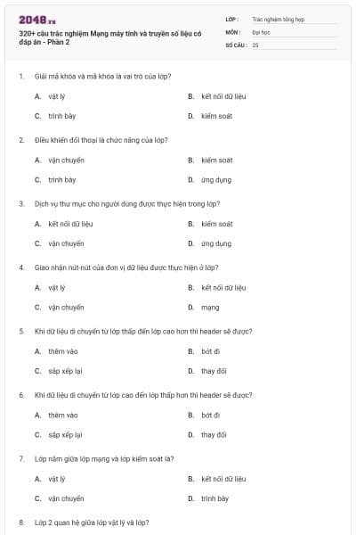 320+ câu trắc nghiệm Mạng máy tính và truyền số liệu có đáp án - Phần 2
