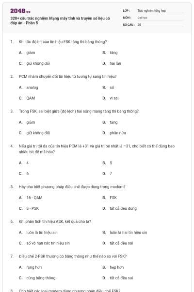 320+ câu trắc nghiệm Mạng máy tính và truyền số liệu có đáp án - Phần 5