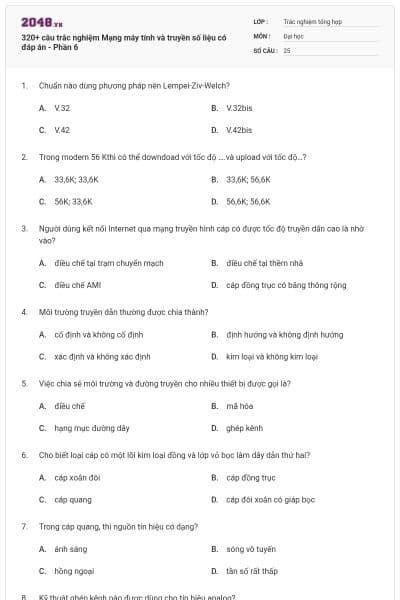 320+ câu trắc nghiệm Mạng máy tính và truyền số liệu có đáp án - Phần 6