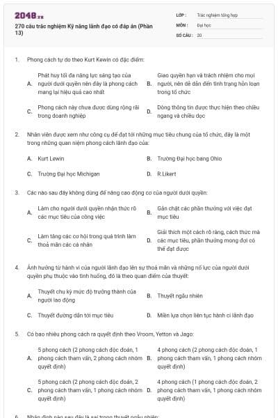 270 câu trắc nghiệm Kỹ năng lãnh đạo có đáp án (Phần 13)