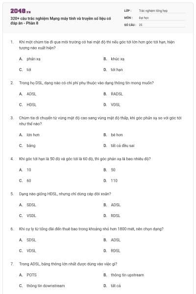 320+ câu trắc nghiệm Mạng máy tính và truyền số liệu có đáp án - Phần 8