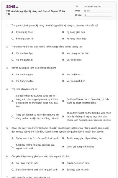 270 câu trắc nghiệm Kỹ năng lãnh đạo có đáp án (Phần 14)