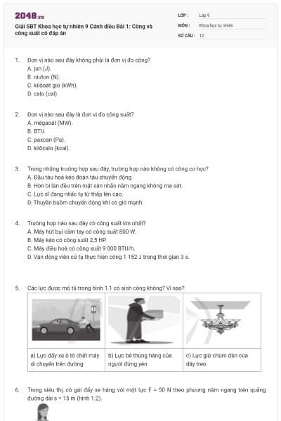 Giải SBT Khoa học tự nhiên 9 Cánh diều Bài 1: Công và công suất có đáp án