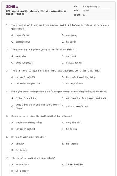 320+ câu trắc nghiệm Mạng máy tính và truyền số liệu có đáp án - Phần 13