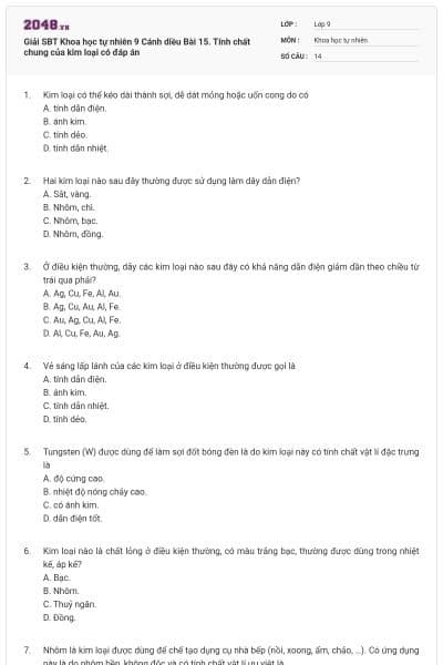 Giải SBT Khoa học tự nhiên 9 Cánh diều Bài 15. Tính chất chung của kim loại có đáp án