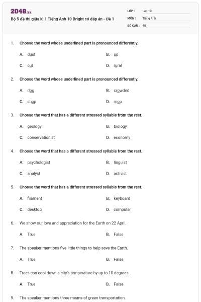 Bộ 5 đề thi giữa kì 1 Tiếng Anh 10 Bright có đáp án - Đề 1
