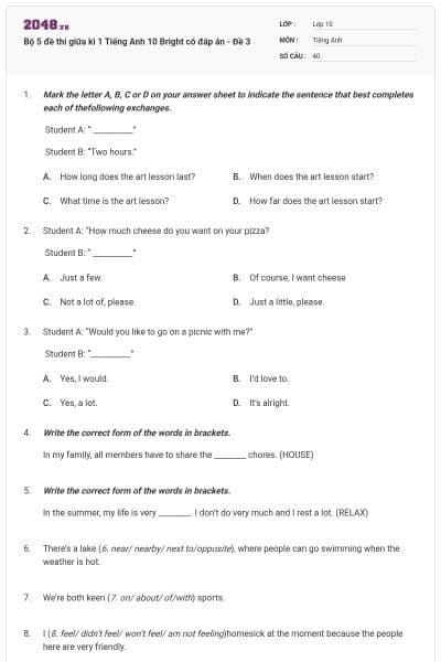 Bộ 5 đề thi giữa kì 1 Tiếng Anh 10 Bright có đáp án - Đề 3