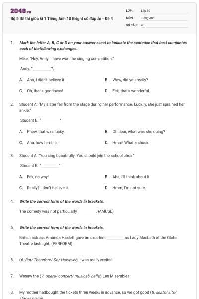 Bộ 5 đề thi giữa kì 1 Tiếng Anh 10 Bright có đáp án - Đề 4