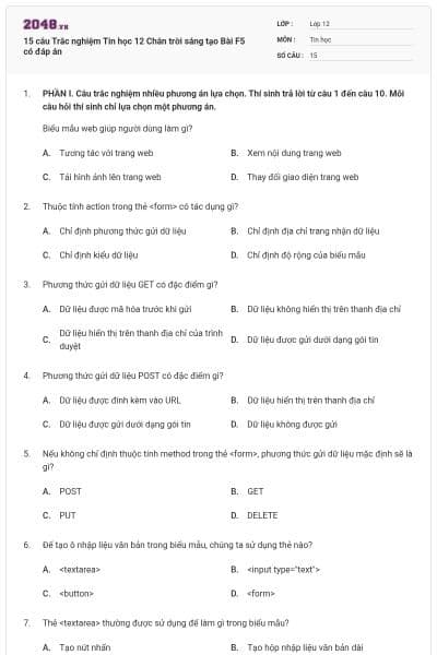 15 câu Trắc nghiệm Tin học 12 Chân trời sáng tạo Bài F5 có đáp án