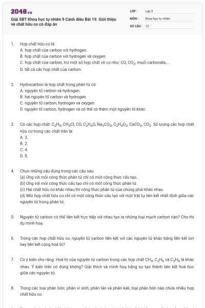 Giải SBT Khoa học tự nhiên 9 Cánh diều Bài 19. Giới thiệu về chất hữu cơ có đáp án