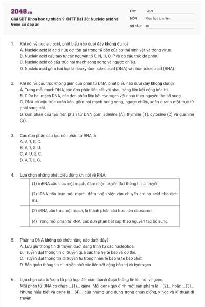 Giải SBT Khoa học tự nhiên 9 KNTT Bài 38: Nucleic acid và Gene có đáp án