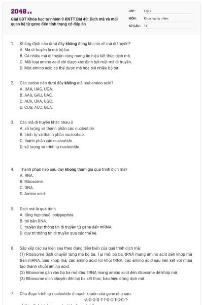Giải SBT Khoa học tự nhiên 9 KNTT Bài 40: Dịch mã và mối quan hệ từ gene đến tính trạng có đáp án