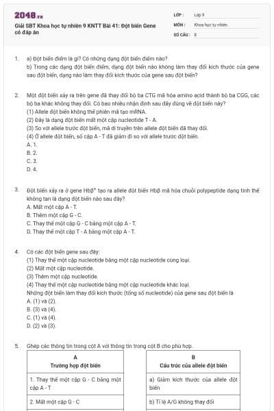 Giải SBT Khoa học tự nhiên 9 KNTT Bài 41: Đột biến Gene có đáp án