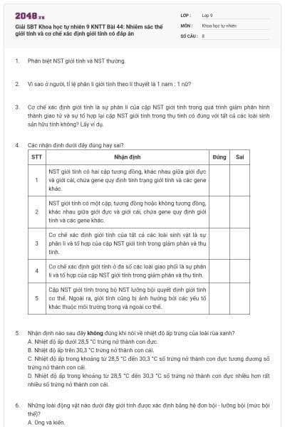 Giải SBT Khoa học tự nhiên 9 KNTT Bài 44: Nhiễm sắc thể giới tính và cơ chế xác định giới tính có đáp án