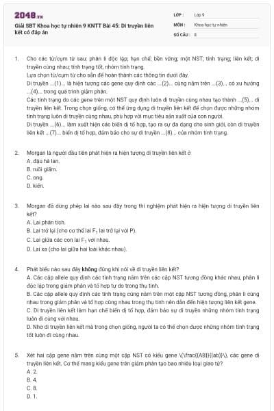Giải SBT Khoa học tự nhiên 9 KNTT Bài 45: Di truyền liên kết có đáp án