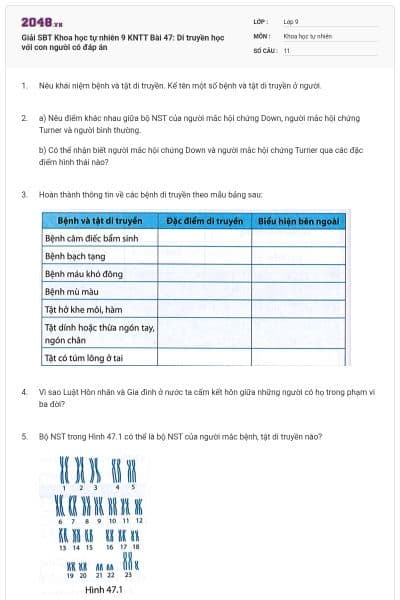 Giải SBT Khoa học tự nhiên 9 KNTT Bài 47: Di truyền học với con người có đáp án