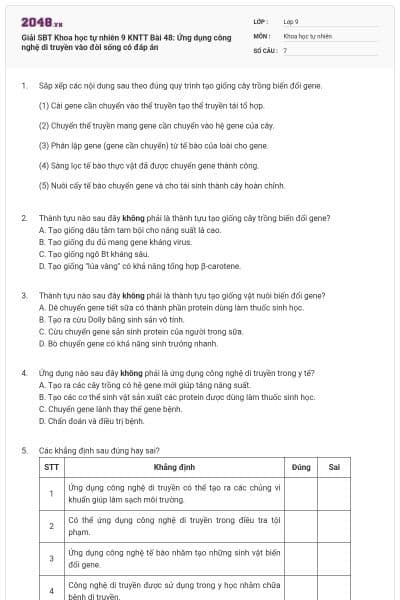 Giải SBT Khoa học tự nhiên 9 KNTT Bài 48: Ứng dụng công nghệ di truyền vào đời sống có đáp án