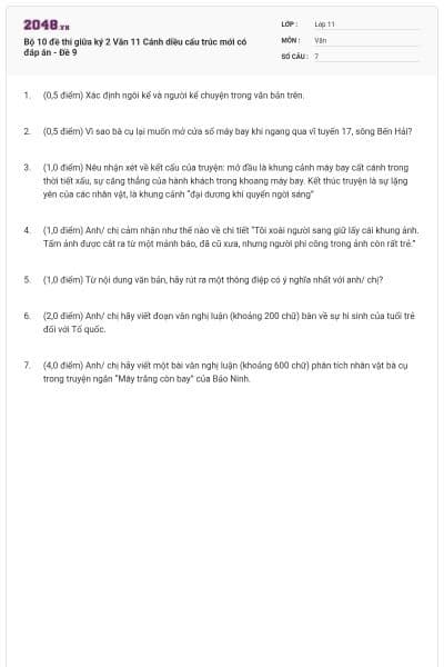 Bộ 10 đề thi giữa ký 2 Văn 11 Cánh diều cấu trúc mới có đáp án - Đề 9