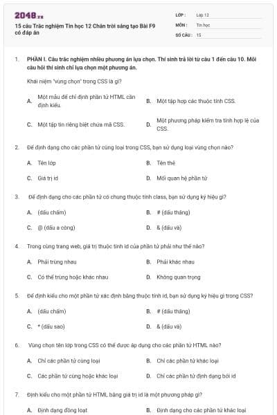 15 câu Trắc nghiệm Tin học 12 Chân trời sáng tạo Bài F9 có đáp án