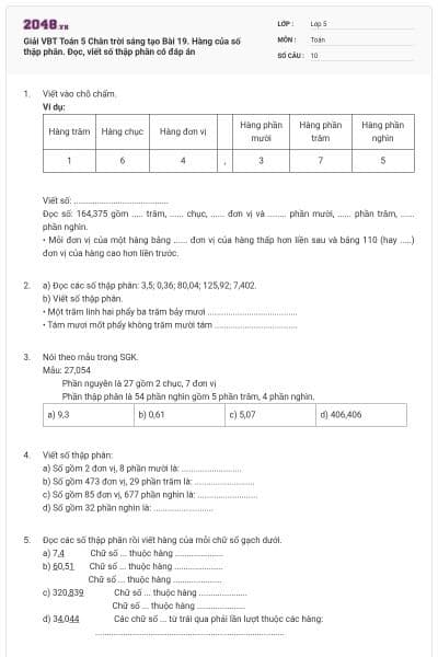 Giải VBT Toán 5 Chân trời sáng tạo Bài 19. Hàng của số thập phân. Đọc, viết số thập phân có đáp án