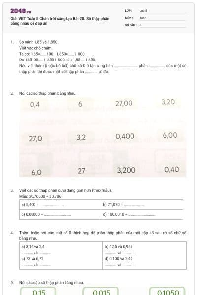 Giải VBT Toán 5 Chân trời sáng tạo Bài 20. Số thập phân bằng nhau có đáp án