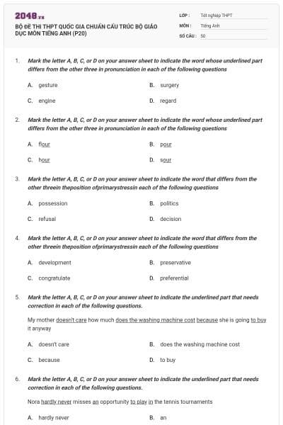 BỘ ĐỀ THI THPT QUỐC GIA CHUẨN CẤU TRÚC BỘ GIÁO DỤC MÔN TIẾNG ANH (P20)
