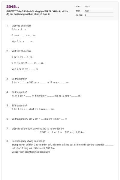 Giải VBT Toán 5 Chân trời sáng tạo Bài 24. Viết các số đo độ dài dưới dạng số thập phân có đáp án