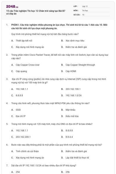 15 câu Trắc nghiệm Tin học 12 Chân trời sáng tạo Bài B7 có đáp án
