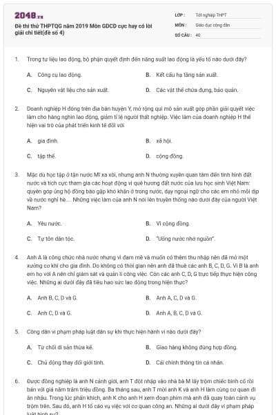 Đề thi thử THPTQG năm 2019 Môn GDCD cực hay có lời giải chi tiết(đề số 4)