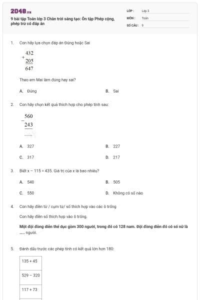 9 bài tập Toán lớp 3 Chân trời sáng tạo: Ôn tập Phép cộng, phép trừ có đáp án