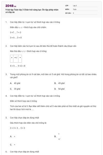 9 bài tập Toán lớp 3 Chân trời sáng tạo: Ôn tập phép nhân có đáp án