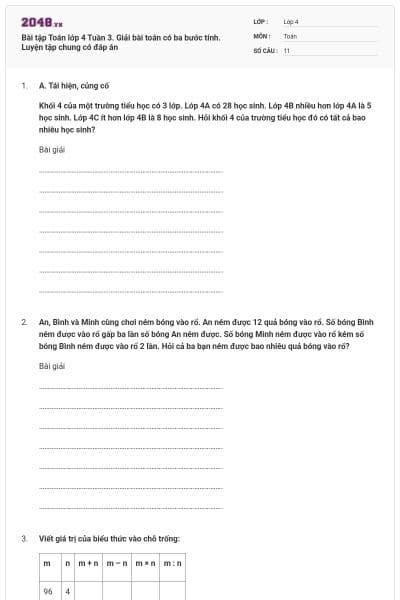 Bài tập Toán lớp 4 Tuần 3. Giải bài toán có ba bước tính. Luyện tập chung có đáp án