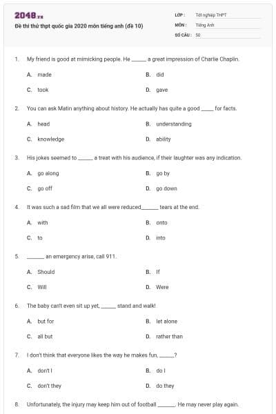 Đề thi thử thpt quốc gia 2020 môn tiếng anh (đề 10)