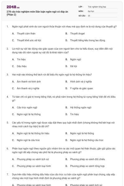 278 câu trắc nghiệm môn Dẫn luận ngôn ngữ có đáp án (Phần 2)