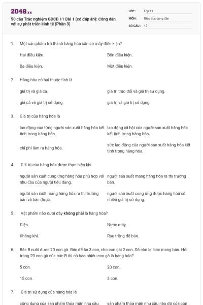 50 câu Trắc nghiệm GDCD 11 Bài 1 (có đáp án): Công dân với sự phát triển kinh tế (Phần 3)
