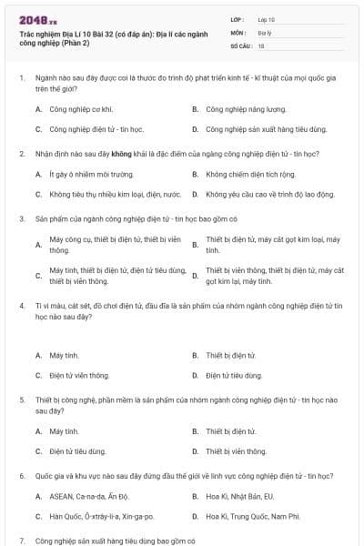 Trắc nghiệm Địa Lí 10 Bài 32 (có đáp án): Địa lí các ngành công nghiệp (Phần 2)