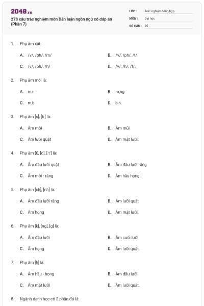 278 câu trắc nghiệm môn Dẫn luận ngôn ngữ có đáp án (Phần 7)