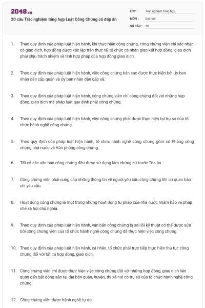 20 câu Trắc nghiệm tổng hợp Luật Công Chứng có đáp án