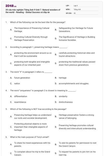 20 câu trắc nghiệm Tiếng Anh 9 Unit 7. Natural wonders of the world - Reading - Global Success có đáp án