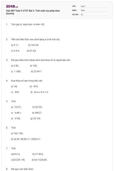 Giải SBT Toán 9 CTST Bài 3. Tính chất của phép khai phương