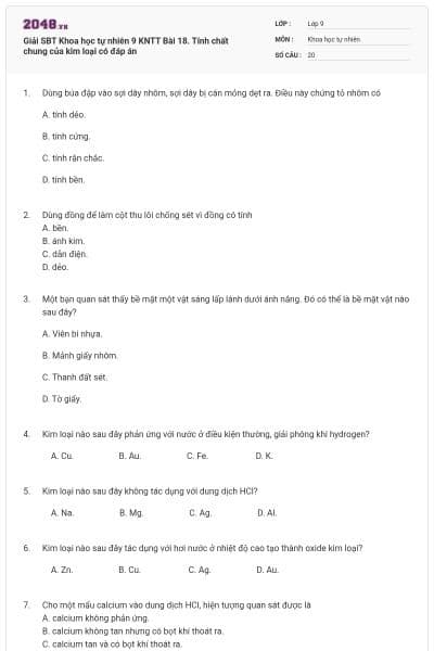 Giải SBT Khoa học tự nhiên 9 KNTT Bài 18. Tính chất chung của kim loại có đáp án